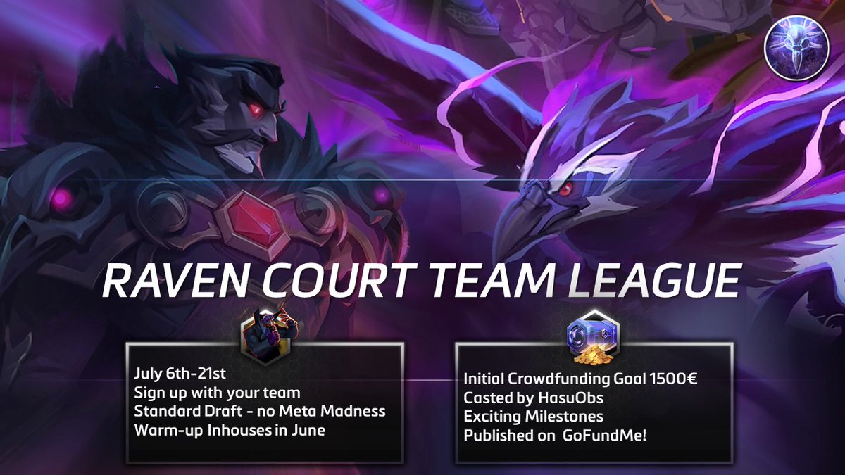 RavenCourtHOTS's tweet photo. We gladly announce Raven Court Team League! A new tournament starting on the 6th of July!
Main caster for this tournament is going to be @LiquidHasuObs
Minimum crowdfunded prizepool is 1500€
If you want to contribute or make some noise: https://t.co/bapunNVaxg
More details soon! https://t.co/C0rVnkg7BA