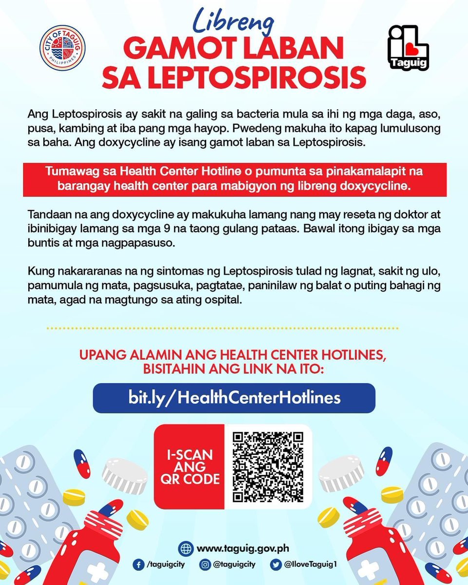 Gamot sa Leptospirosis, Nakahanda na sa Taguig Health Centers.  Puwede lang bigyan ang mga lumusong sa baha na 9 years old pataas.  Bawal sa mga buntis at nagpapadede ng anak.  Kontakin ang inyong health center
buff.ly/4bW7611