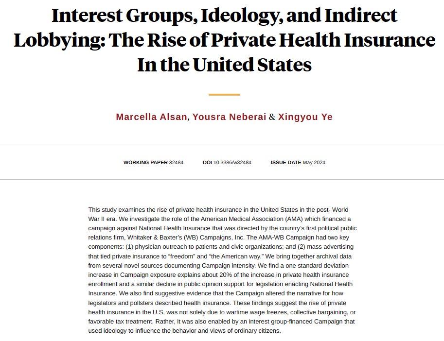 NBER (@nberpubs) on Twitter photo The rise of private health insurance in the US in the post-WWII era was influenced by an American Medical Association-funded campaign against National Health Insurance, from @onmastodonsocial, Yousra Neberai, and Xingyou Ye nber.org/papers/w32484 The rise of private health insurance in the US in the post-WWII era was influenced by an American Medical Association-funded campaign against National Health Insurance, from @onmastodonsocial, Yousra Neberai, and Xingyou Ye nber.org/papers/w32484