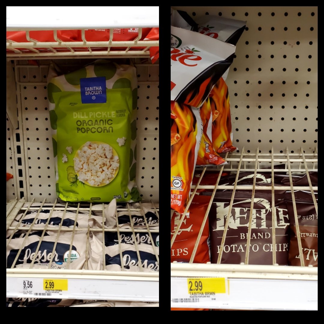 @IamTabithaBrown I was in Target, Mt Vernon, NY today and there was only one bag of the Dill Pickle Organic Popcorn; and the shelf for the Roasted Garlic & Parmesan Organic Popcorn was completely empty 😮 - the popcorn must be good!