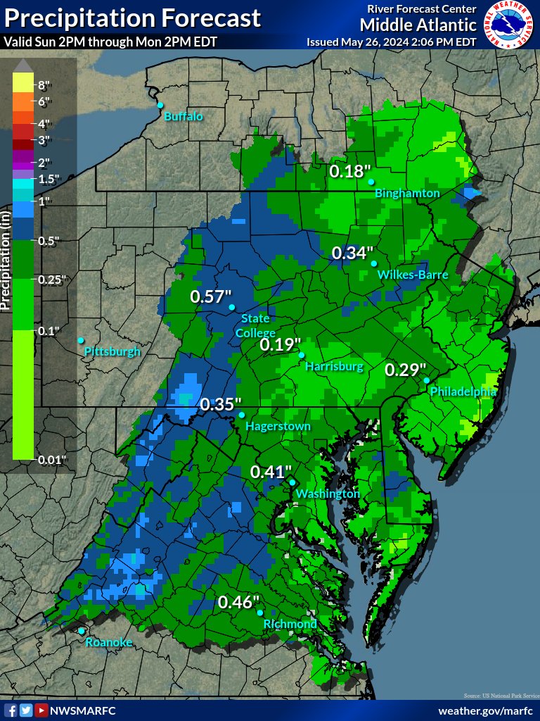 [6PM Sunday] Much of the Mid-Atlantic will be seeing significant rainfall over the next day with greatest amounts within the MARFC forecast region of around 2.0 in. in southern New York weather.gov/marfc/Precipit…