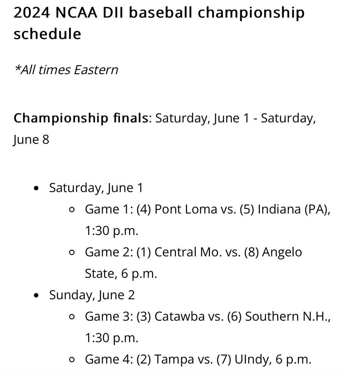 The seedings for the DII baseball championship are out!

No.1 Central Missouri
No.2 Tampa
No.3 Catawba
No.4 Point Loma
No.5 Indiana (PA)
No.6 Southern New Hampshire
No.7 UIndy
No.8 Angelo State

Below is the schedule for the first two days of the tournament!

#D2Baseball