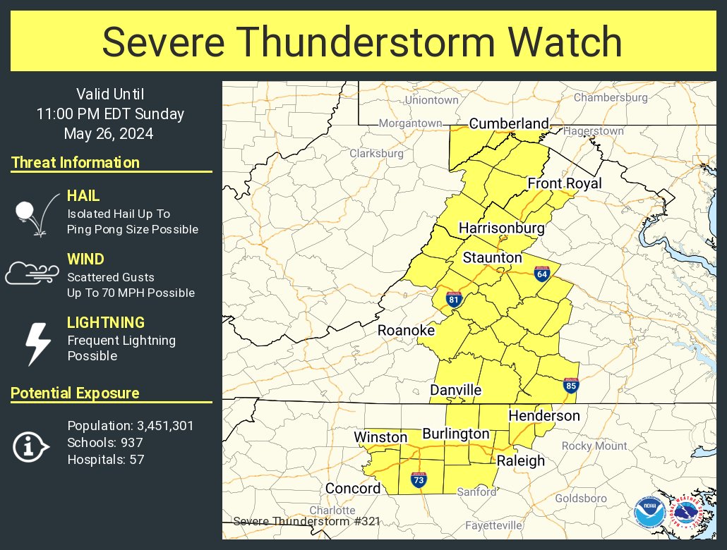 A severe thunderstorm watch has been issued for parts of Maryland, North Carolina, Virginia and West Virginia until 11 PM EDT