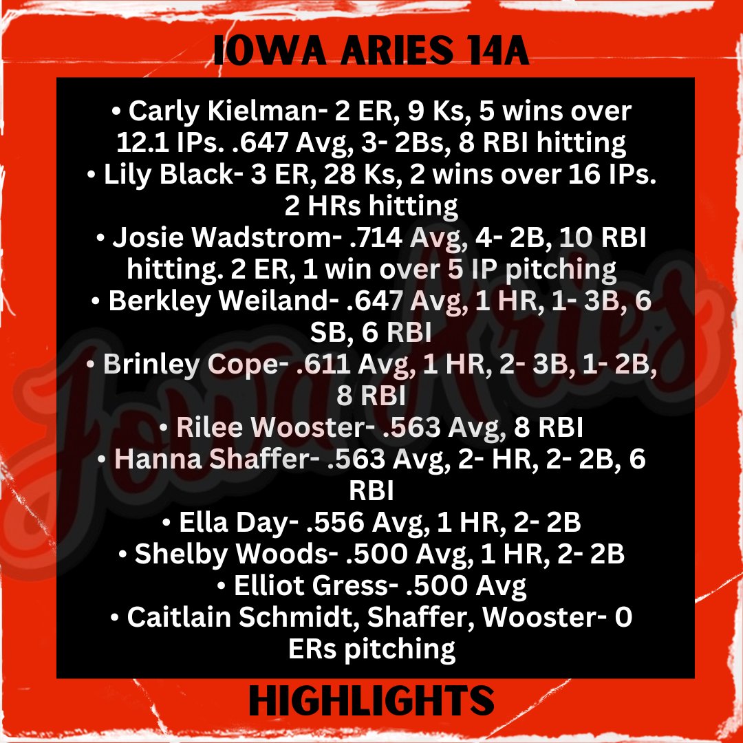 Iowa Aries 14A Split Squad teams.

Champion and Runner-up  finish in the USSSA WDM Invitational!!