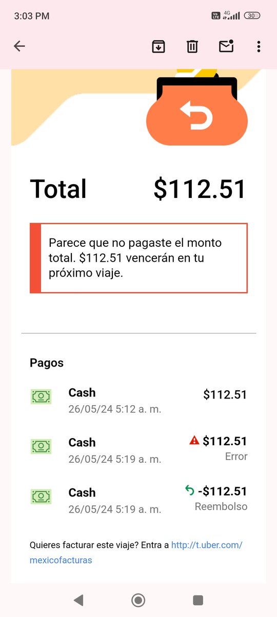 cynn_19's tweet photo. @Uber_MEX @rsalazg @Uber_MEX puedes atender mi solicitud!!!
A las 4:44 am del día de hoy tome un viaje llegué a mi destino a las 5:12 am al finalizar el viaje le pagué a tu conductor $113.00 y me llegó el correo de mi recibo a los 5 minutos después aparece que debo el viaje cuando se le pago. https://t.co/KpvtAzMIHy
