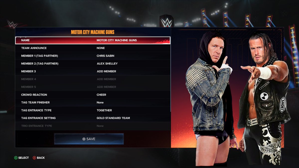 How to create Motor City Machine Guns in #WWE2K24 Thread ⬇️ Name: Motor City Machine Guns Team Announce: None Member 1: Chris Sabin Member 2: Alex Shelley Crowd Reaction: Cheer Tag Team Finisher: None (Bada- Bing optional) Tag Entrance Type: Together