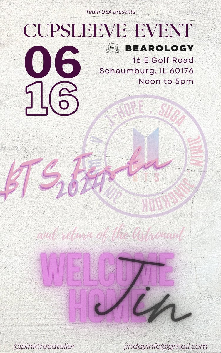 PinkTreeAtelier's tweet photo. Hey Chicago BTS ARMY. It’s that time. Come
Join us from some fun and games. #cupsleeveevent #btsfesta2024 #welcomehomejin https://t.co/x0GiFVwtot