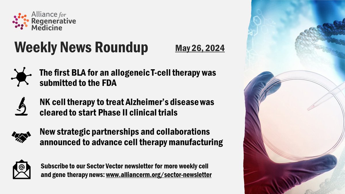 It was a notable week for the #celltherapy field.

🧫1st BLA for an allogeneic T-cell therapy was submitted to the FDA

🔬NK cell therapy to treat Alzheimer’s was cleared to start Phase II trials

🤝New strategic partnerships announced to advance cell therapy manufacturing
🧵1/6