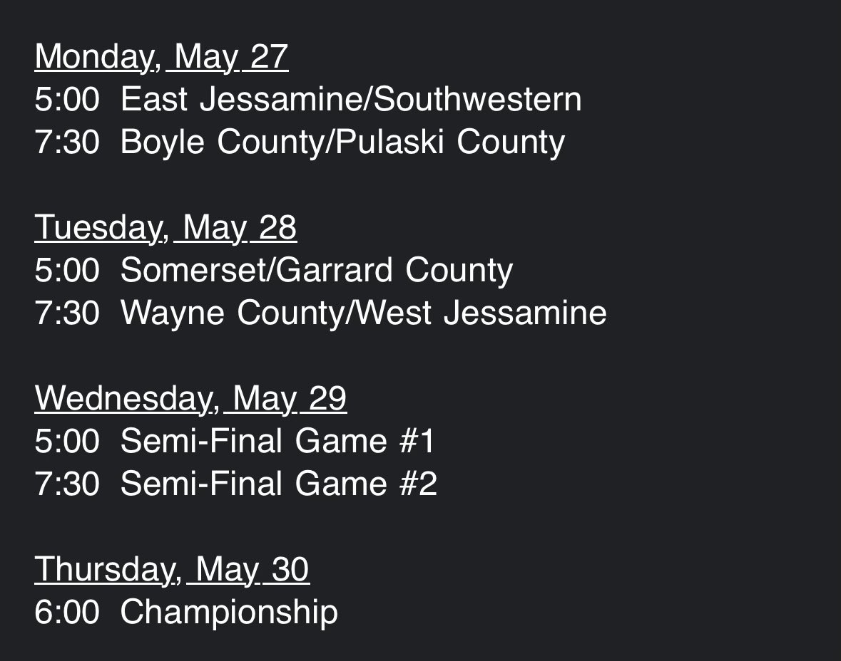 Changes to the 12th region baseball tournament schedule.. with weather expected incoming overnight, the 12th region baseball tournament will now play 2 quarterfinal games tomorrow, 2 on Tuesday, Semifinals Wednesday, Championship Thursday