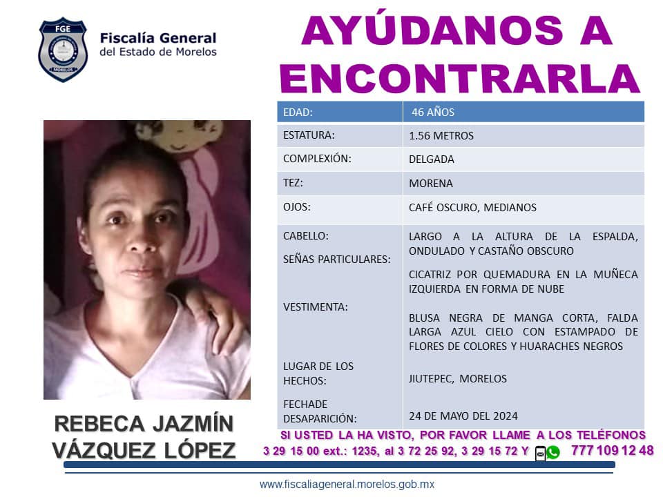 🔴 AYÚDANOS A LOCALIZARLA 🔴 Rebeca Jazmín Vázquez López de 46 años de edad. #Jiutepec