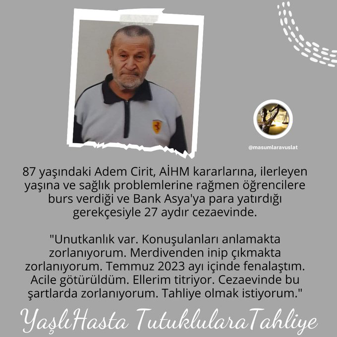 Hastanede olmasi gereken insanlari cezaevinde öldürüyorlar!

YaşlıHasta TutuklularaTahliye

@alibabacan @ErbakanFatih
@T_Karamollaoglu @dmtevgar
@yesimsalkim @sgokbakar @yildarado @nibenka
@demetakbag  @TBMMresmi #fenerağlama #Yargı
#galatasarayşampiyon 
#FenerbahcesencokYAŞA