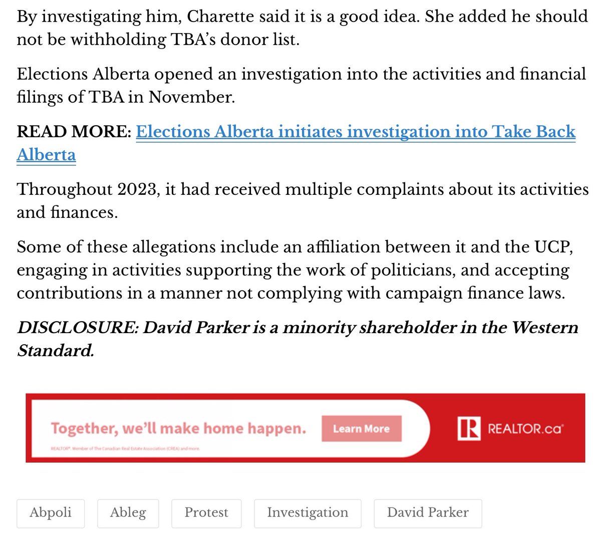 A few days ago we tipped our hand that despite Derek Fildebrandt's 'standing order' that David Parker must be identified as a shareholder in any Western Standard article, he definitely hasn't been. They've gone back & edited. (Who wants to tell them they missed a few tho?)