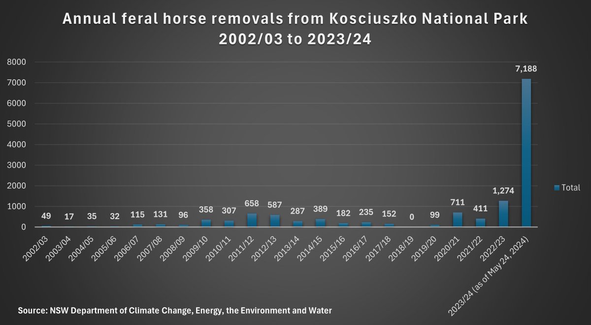 Jack Gough (@jackegough) on Twitter photo More feral horses removed from Kosciuszko NP in the past 11mths (7,188) than in previous 21yrs combined (6,125)!
For the 1st time, removals exceed population growth (~18%), meaning we can expect a genuine reduction in feral horses in the National Park.
Thank you <a href="/PennySharpemlc/">Penny Sharpe</a> More feral horses removed from Kosciuszko NP in the past 11mths (7,188) than in previous 21yrs combined (6,125)!
For the 1st time, removals exceed population growth (~18%), meaning we can expect a genuine reduction in feral horses in the National Park.
Thank you <a href="/PennySharpemlc/">Penny Sharpe</a>