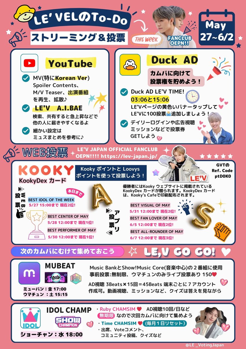 LE_VotingJapan's tweet photo. ［今週のTODO]

おはようございます☀️
今週のTO DOです。
KOOKYの各種投票や、カムバに備え無期限のポイント集めお願いします🙏

▶️MV再生数 864,348回(前週+2,265回)
https://t.co/y9yhhZIDAe

#AllForLEV #A_I_BAE 
#王子浩 #ワンズハオ #왕즈하오 #레비 #LEV  #レビ #WANGZIHAO https://t.co/Mjqcp8ekGF
