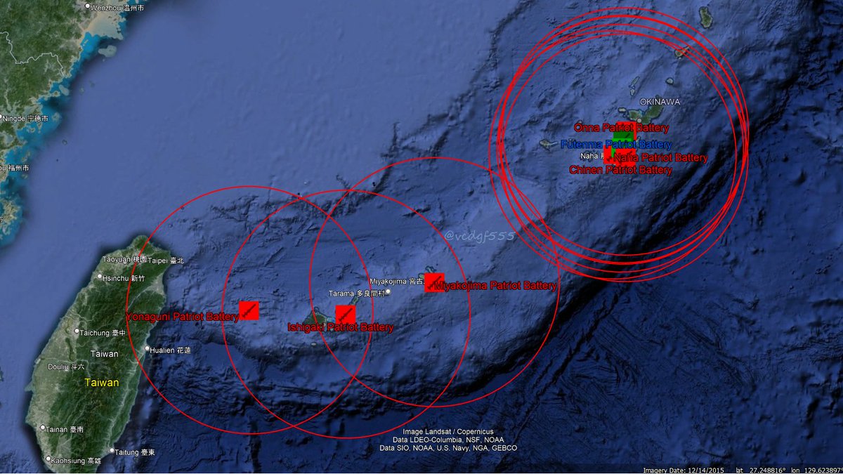 The NOTAM does in fact give coordinates to known Patriot SAM battery sites. Four of the nine I have on my list are given specifically. Red icons are JSDF Green icon/blue titles are US Army