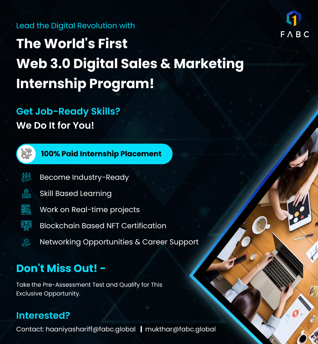 Join the World's #First Web 3.0 Digital Sales and #Marketing #Internship Program with guaranteed internship #placement!

Prepare for top roles in Web3 Marketing and transform your #career.

Contact: e-learning@fabc.global

Comment 'Now' if you're interested!

#FABCGlobal #Web3