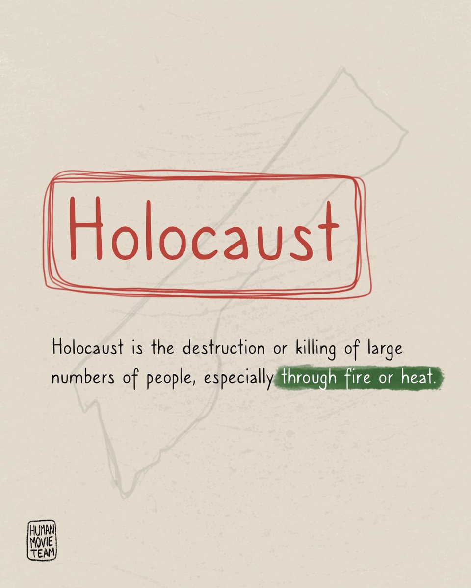 ❗️“Özellikle ateş veya ısı yoluyla çok büyük oranda yıkım veya çok sayıda insanın öldürülmesi” anlamına gelen ve işgalci İsrail’in beslendiği temel bir nokta olan Holokost, aynı zamanda bugün Gazze halkına yaptıkları zulmün tanımı.

❗️The Holocaust, meaning "the destruction of a