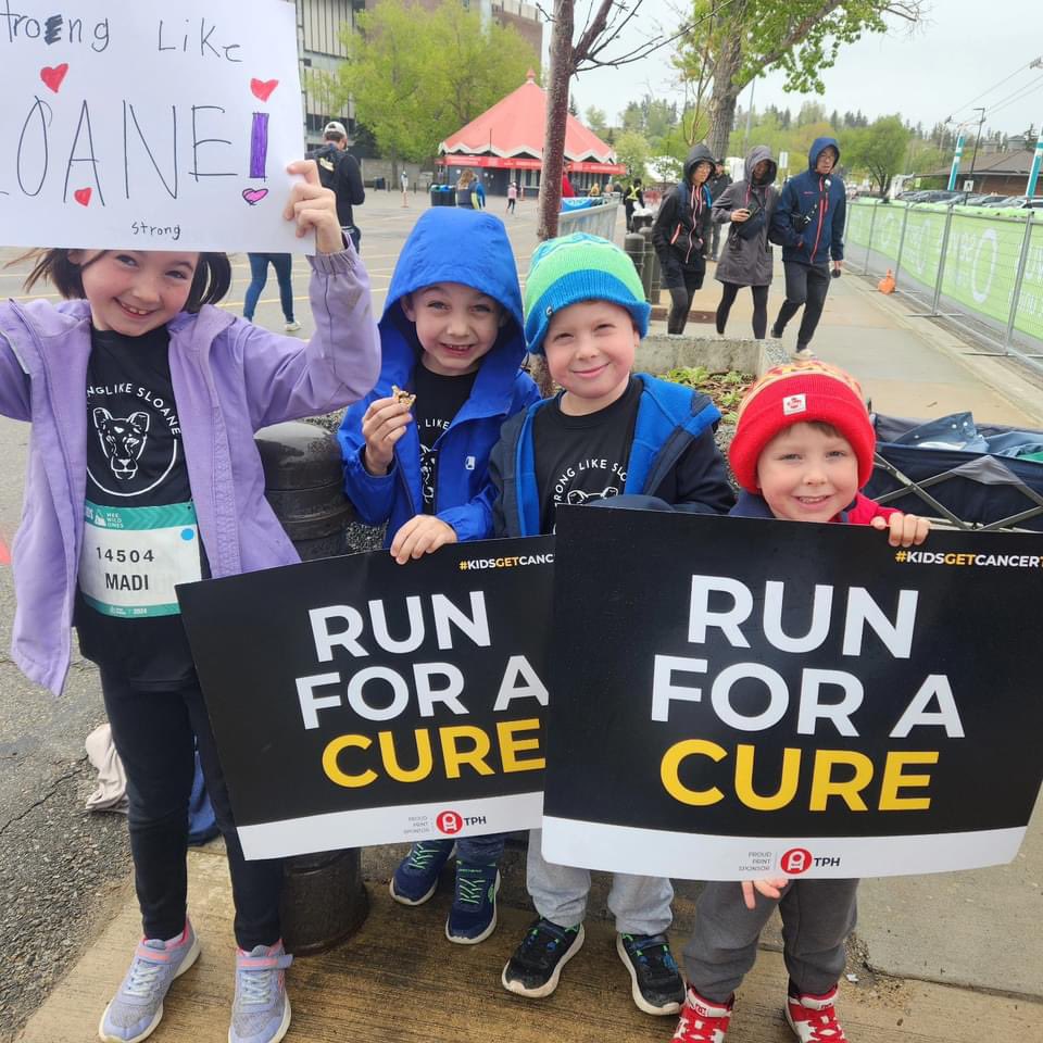 KimZandboer's tweet photo. Proud of our Grandson for running today to raise money for children’s cancer research! He raised over $1100.00 and #teamsloane raised over $100,000.00 for children’s cancer research! #Stronglikesloane  #inspiring #childrenscancerawareness #calgarymarathon 🩷 https://t.co/1QyHwXnQt5