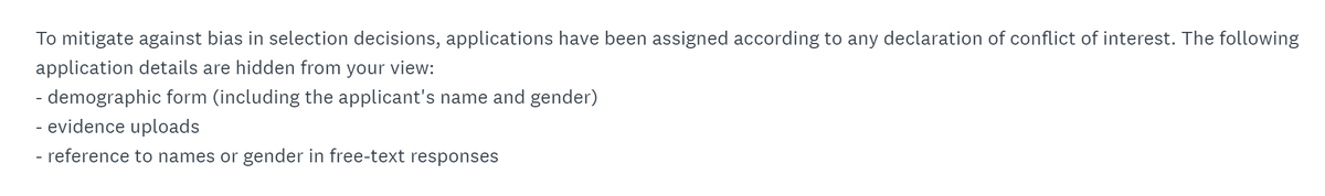 It's so lovely to assess @RACSurgeons scholarship applications and see best practice for avoiding #UnconsciousBias. The demographic form, verification documents (ID, training records etc) and any demographic free text responses are all hidden from reviewer view. 👏👍❤️