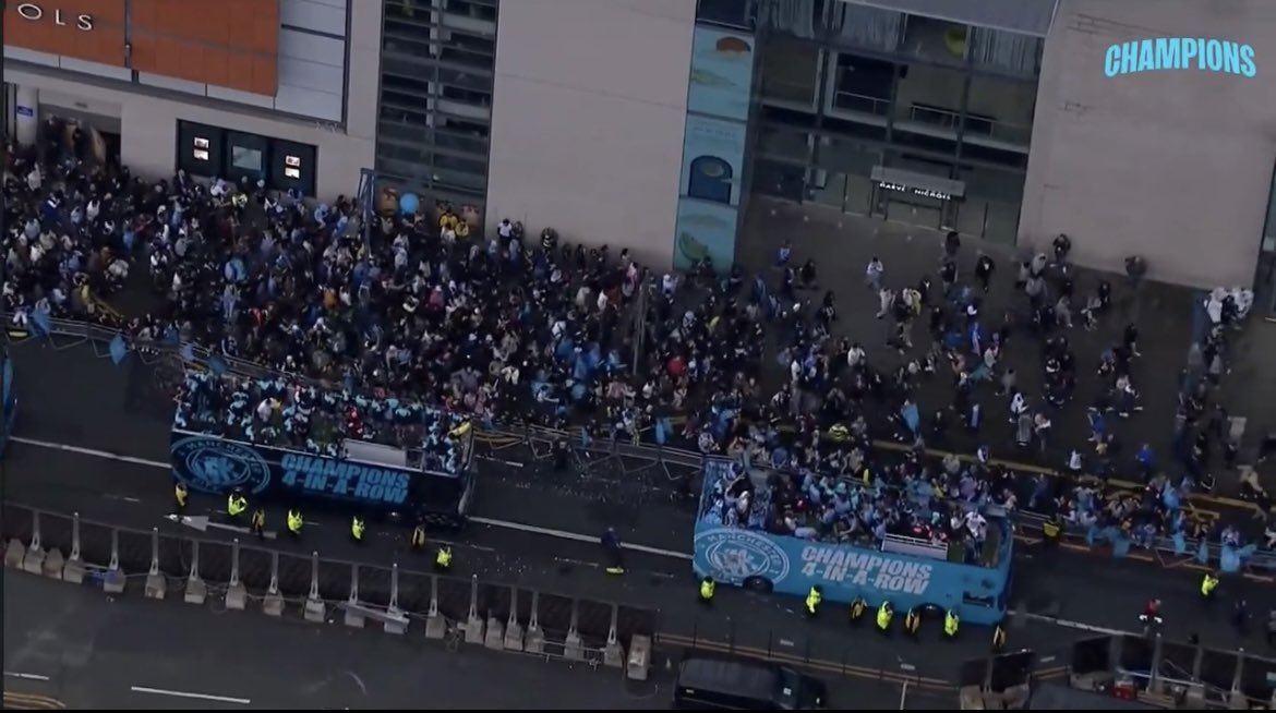 Baffling why Man City keep making a mockery of themselves with these woefully attended trophy parades. 

The few hundred fans in this image are walking up the road alongside the buses with the players on board. Inevitable they will be laughed at 🤷🏼‍♂️