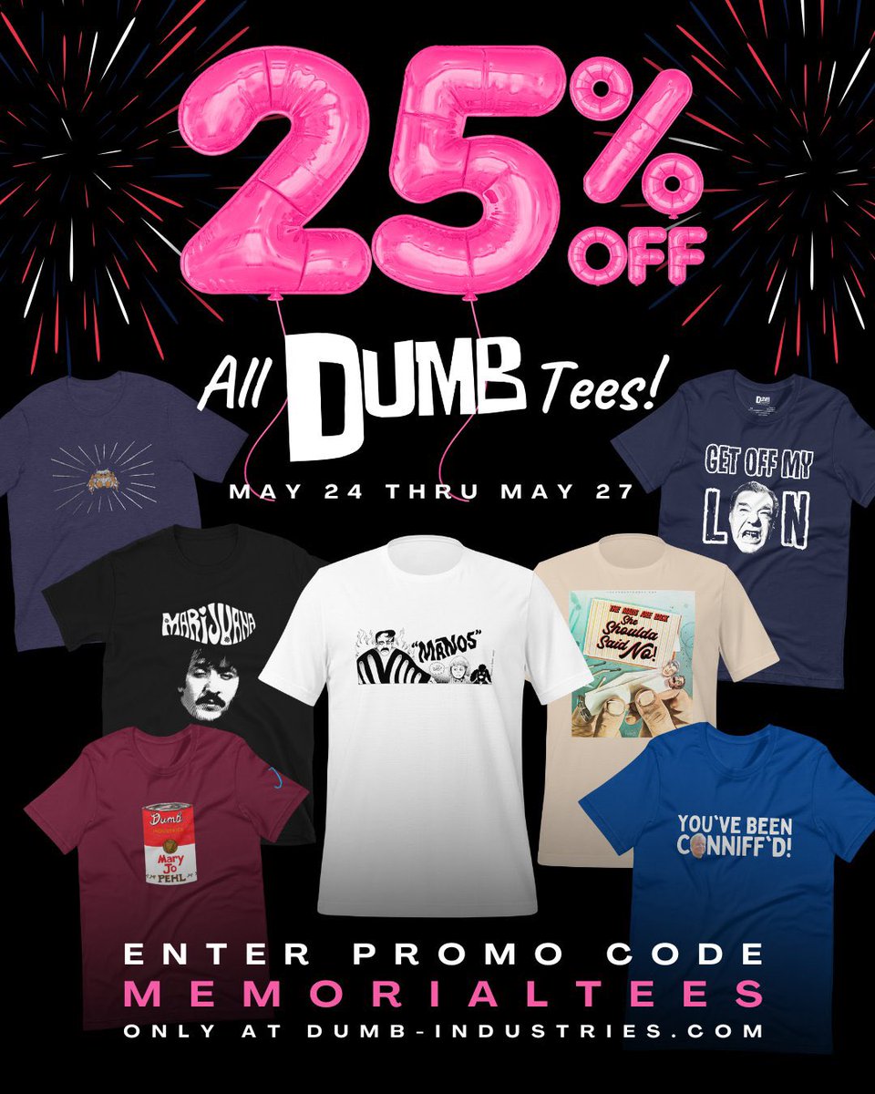 Our biggest merch sale of the year is still underway!! Stock up on some fresh tees and get ready for a truly Dumb summer! Enter promo code MEMORIALTEES thru tomorrow to get 25% off ALL Dumb tees! FREE SHIPPING on all orders $150+ dumb-industries.com/store/t-shirts