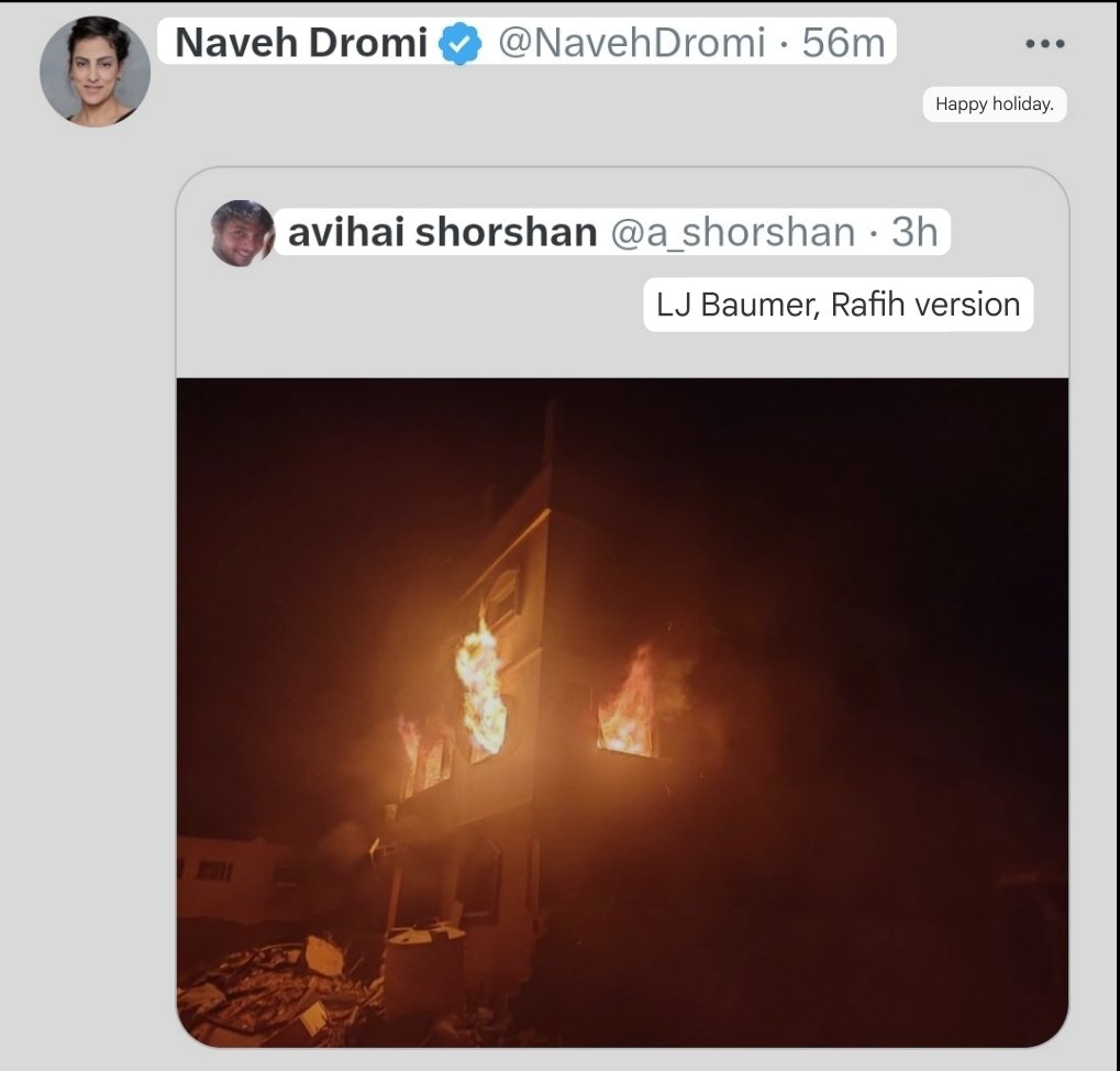 Israeli journalist Naveh Dromi, formerly of Channel 14 and now of i24NEWS, celebrates the burning of innocent civilians and babies alive in the Rafah massacre today.