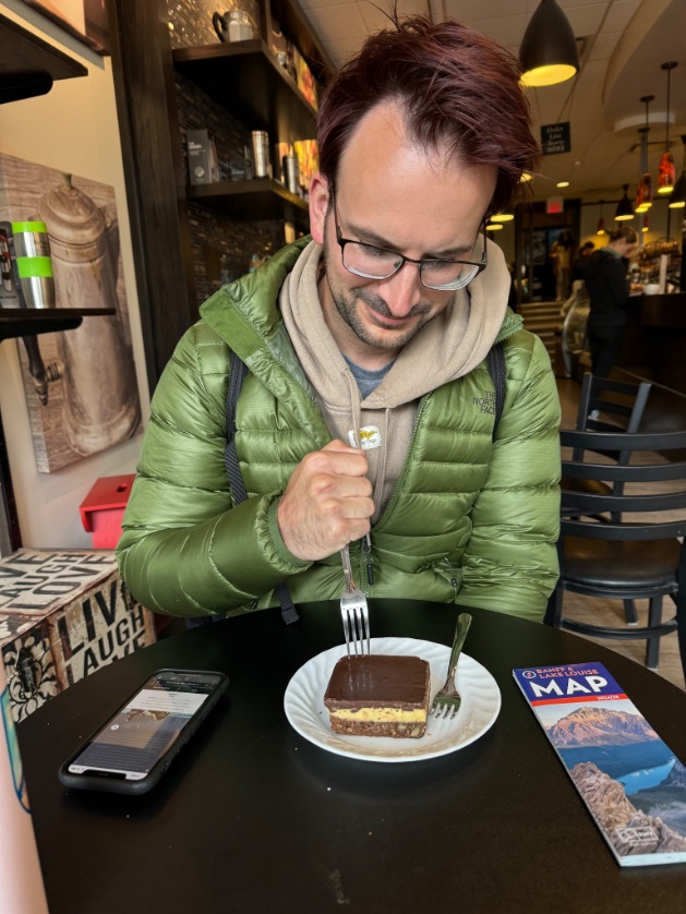 Day 2 of 13 days in Canada 🇨🇦 : Banff National Park, featuring longhorn sheep, Lake Minnewanka, an appropriately sized soft pretzel, and Davis’s first Nanaimo bar.