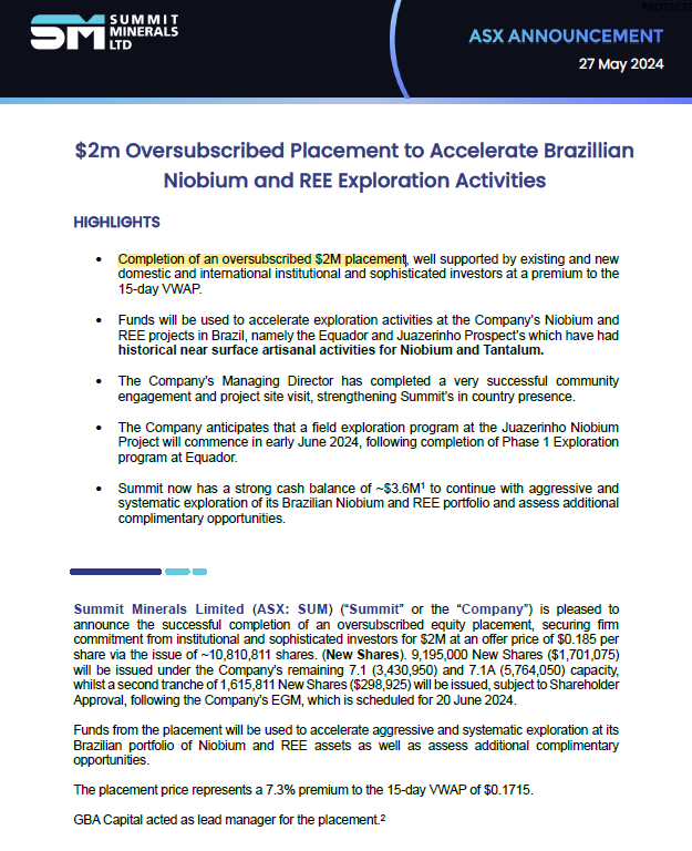 $SUM announces the 'completion of an oversubscribed $2 million placement' at a '7.3% premium to the 15-day VWAP of $0.1715' (or a ~15% discount to the last traded price) despite the 1st tranche completing on 4 June and the 2nd tranche completing ~20 June following shareholder