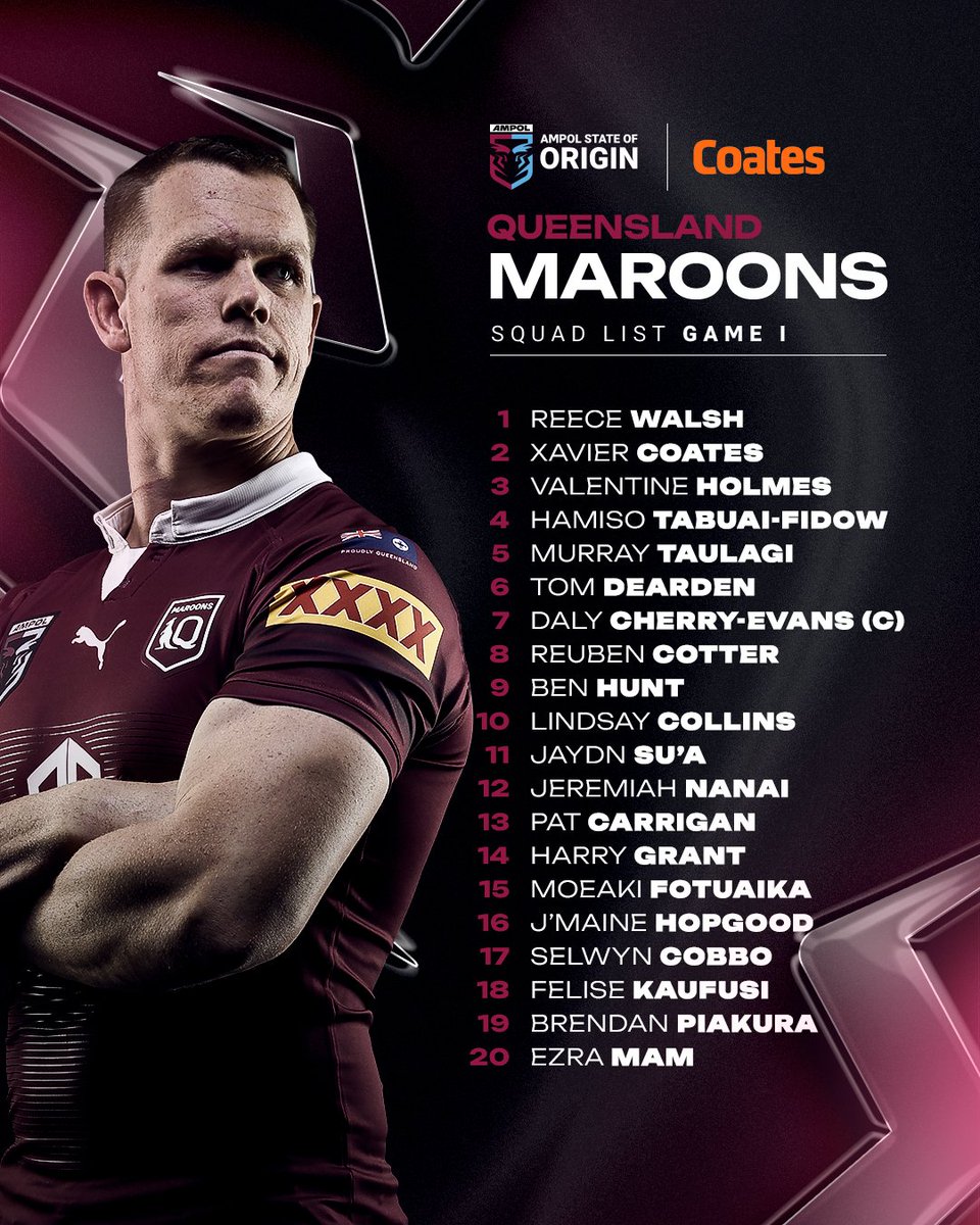 Queensland coach Billy Slater has named his 20-man squad for Game One of  the 2024 Ampol State of Origin series to be played at Accor Stadium on  Wednesday, June 5. Read More:, image size:960x1200