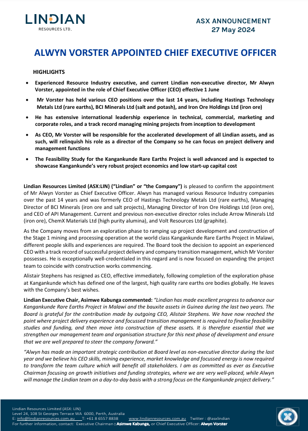 @ASXLindian is pleased to confirm the appointment of Mr Alwyn Vorster as Chief Executive Officer. $LIN $LIN.ax $LINiF #rareearths #malawi 🇲🇼 #mining