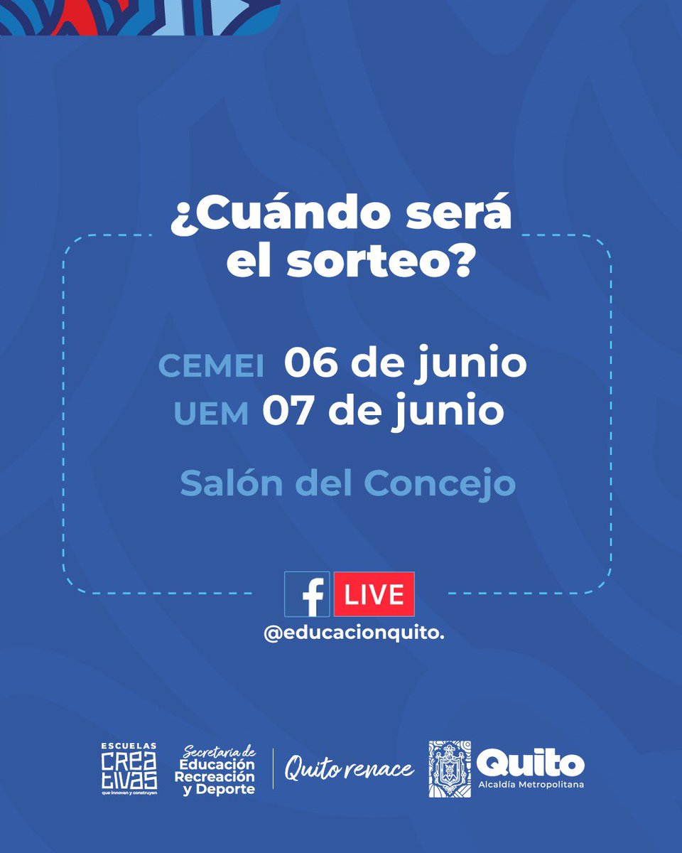 📚✏️ #EducaciónQuito | El 3 de junio arranca el proceso de inscripciones para el ingreso al sistema educativo municipal. Toda la información la encuentras en ➡️: educacion.quito.gob.ec.

Con Educación, #QuitoRenace🍃.