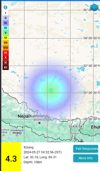 EQ of M: 4.3, On: 27/05/2024 04:32:56 IST, Lat: 30.18 N, Long: 86.31 E, Depth: 10 Km, Location: Xizang. For more information Download the BhooKamp App riseq.seismo.gov.in/riseq/earthqua… @KirenRijiju @Ravi_MoES @Dr_Mishra1966 @ndmaindia @Indiametdept