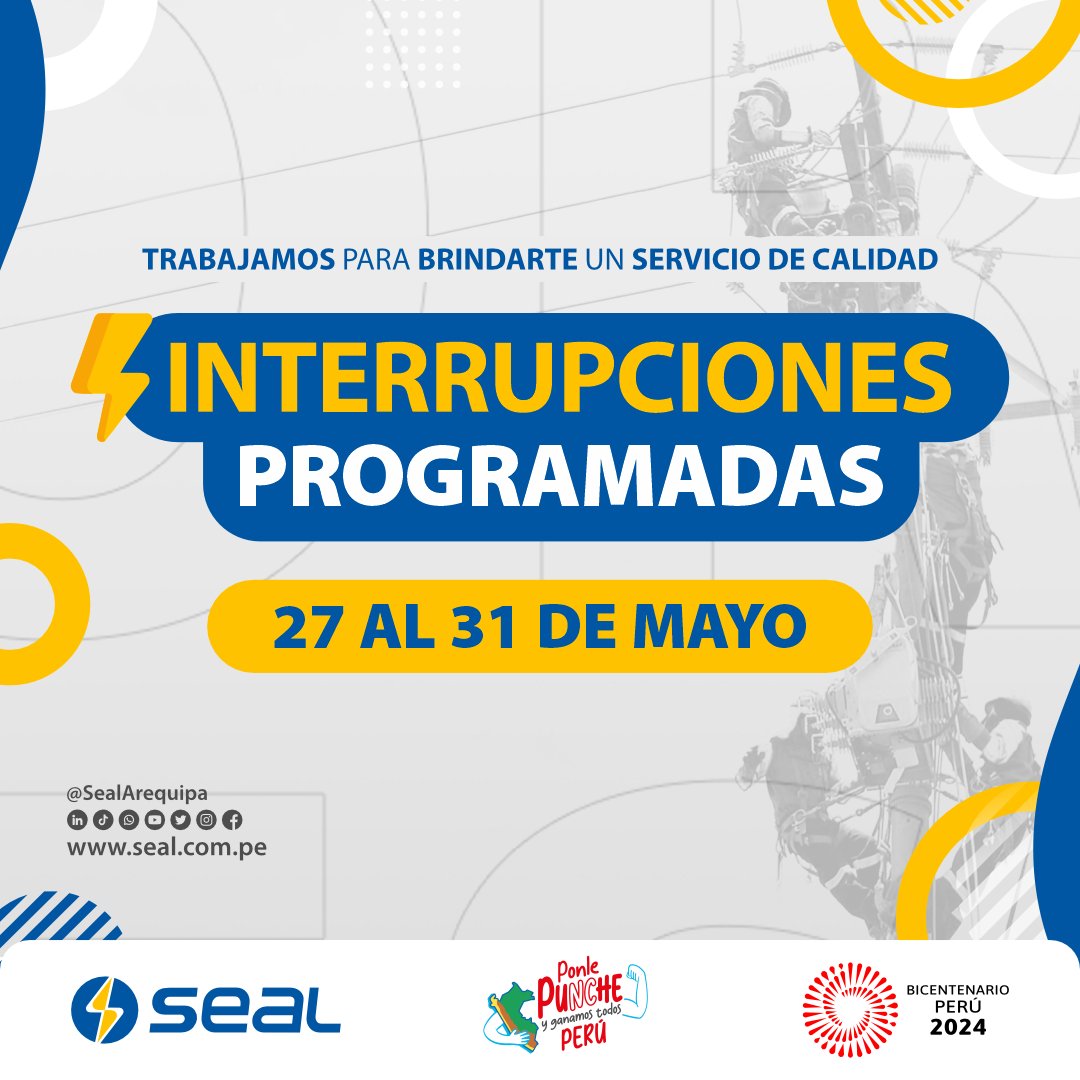 Trabajamos para darte un servicio de calidad
#InterrupcionesProgramadas👷‍♂ de la semana del 🗓 27 AL 31 DE MAYO verifícalas en ⏩ cutt.ly/CortesSEAL
⚠Las interrupciones programadas pueden actualizarse, siendo informadas dentro del plazo correspondiente