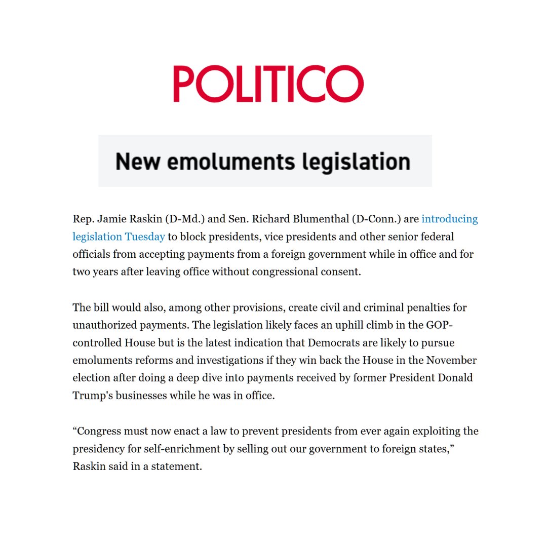 As a sitting president, Donald Trump pocketed millions from foreign governments, including China and Saudi Arabia. RM @RepRaskin’s new bicameral bill will enforce the Constitution and hold corrupt officials accountable. politico.com/live-updates/2…