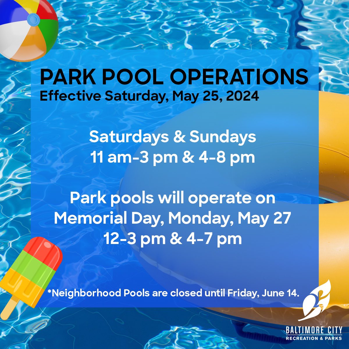 RecNParks's tweet photo. It’s Pool Season! 

Looking for something fun to do on Memorial Day? 

Baltimore City Park Pools are open 12-3 p.m.  &amp; 4-7 p.m.! 🏊‍♂️🤿  

Find a park pool near you at https://t.co/gvv1AH81o9. https://t.co/csiB5LM4L9