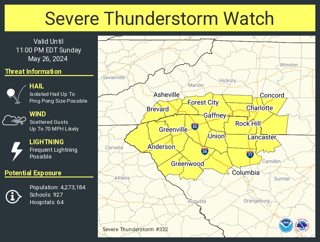 A severe thunderstorm watch has been issued for parts of North Carolina and South Carolina until 11 PM EDT