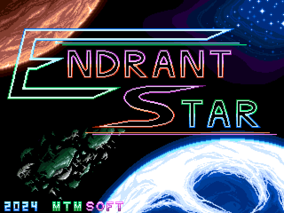 MTMmatefla's tweet photo. ENDRANT STARのタイトル画面は大体こんな感じになると思います。
シューティングゲームビルダーのタイトル画面の仕様をまだ知らないのであくまでイメージといった感じ。
開発名「MTM SOFT」というのは仮名です(まだ考えてない……！) #gamedev #indiedev #ゲーム制作 #ゲーム開発 #ドット絵 #pixelart https://t.co/iX0L2sPXtp