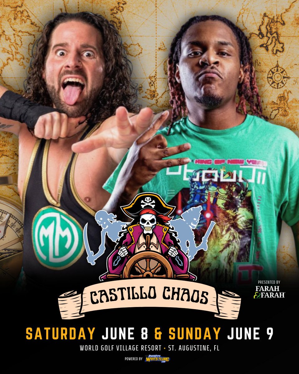 Catch @mylesmillennium vs. @jboujii at Castillo Chaos during #RCWC Weekend! Get your tickets and more info via rivercitywrestlingcon.com/tickets. #StAugustine