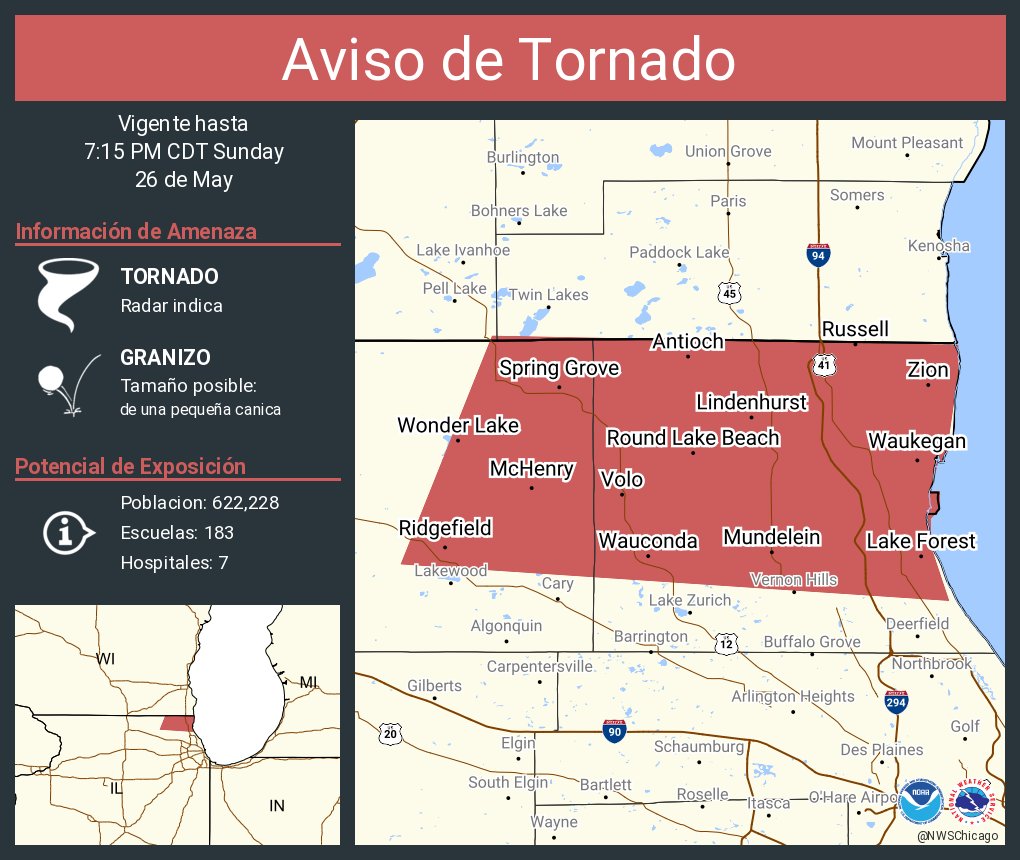 Aviso de Tornado incluye Waukegan IL, North Chicago IL, Gurnee IL hasta las 7:15 PM CDT