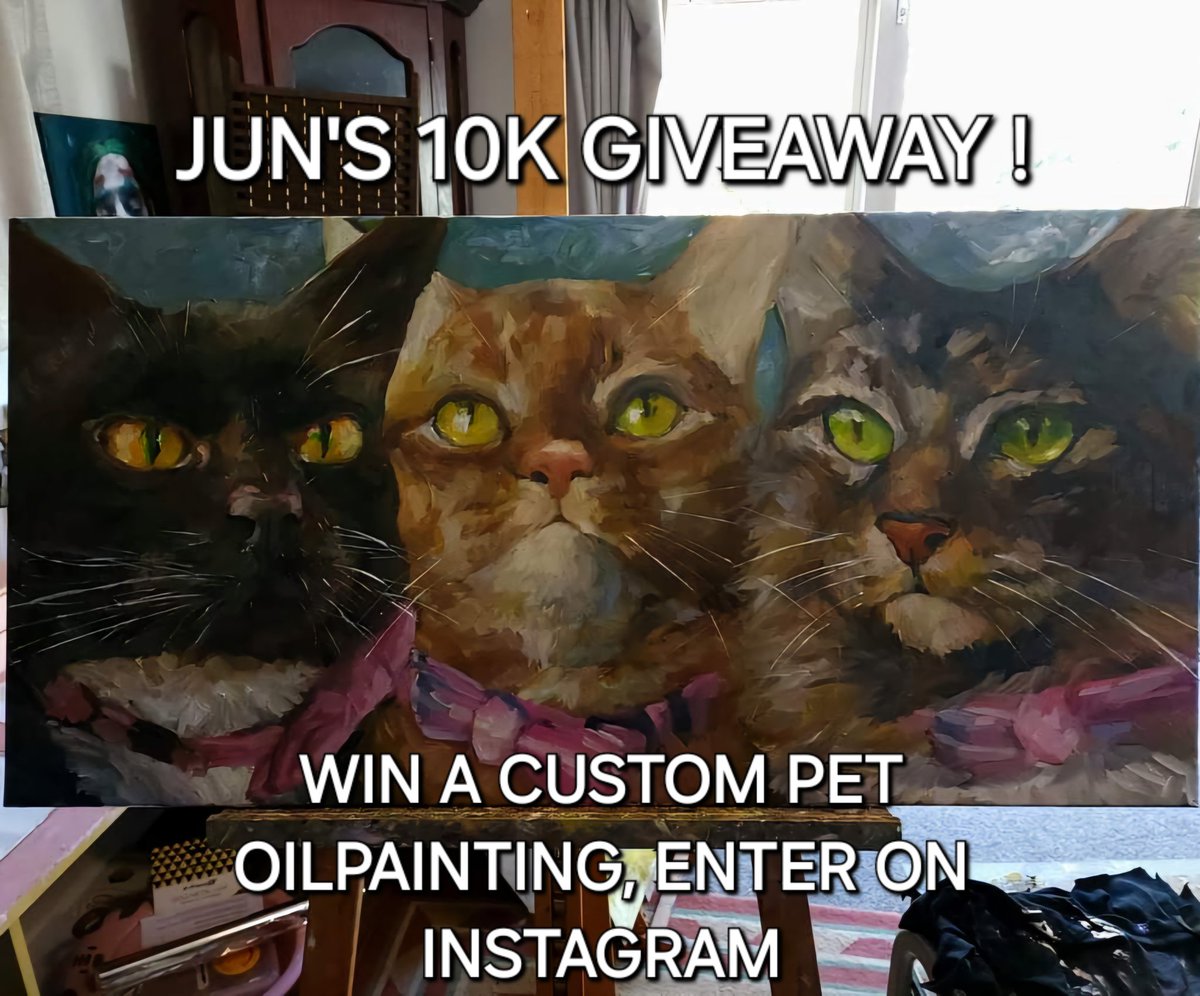 junaliceart's tweet photo. i reached 10k followers on my instagram (junaliceart) account so i am holding a giveaway over there, all you need to do is follow and interact with the post : ) will draw the winner on Jun 6th! thank you for all of your support🩷#cats #petportraits #oilpainting #artgiveaway https://t.co/mIpwKbAj7n