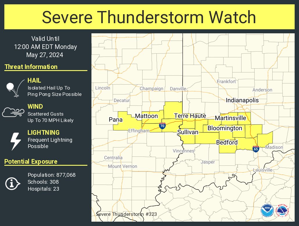 A severe thunderstorm watch has been issued for parts of Illinois and Indiana until 12 AM EDT