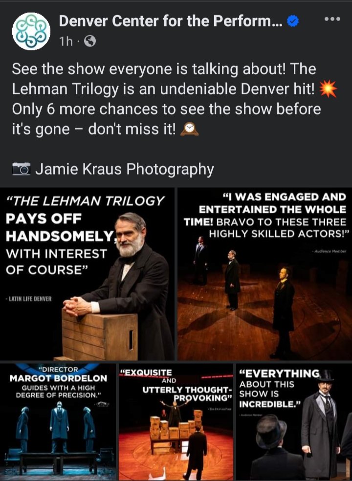 Via @DenverCenter on Facebook 
The Lehman Trilogy 
See the show everyone is talking about!
Don't miss it!!
#SashaRoiz #mrsasharoiz #thelehmantrilogy #denvercenter #kilstromtheatre #denvertheatre #emanuellehman