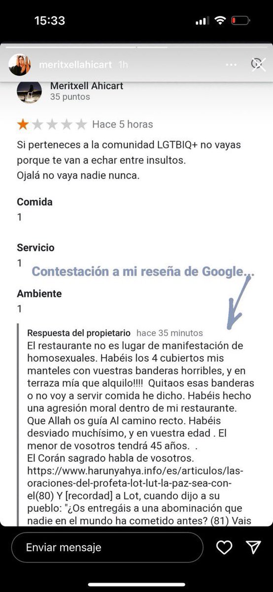 🚨 URGENT | Un grup que va entrar a un restaurant àrab a València amb banderes LGTBI van ser insultats i tirats del local. La resposta del restaurant en la ressenya de Google els diu que són “uns desviats”