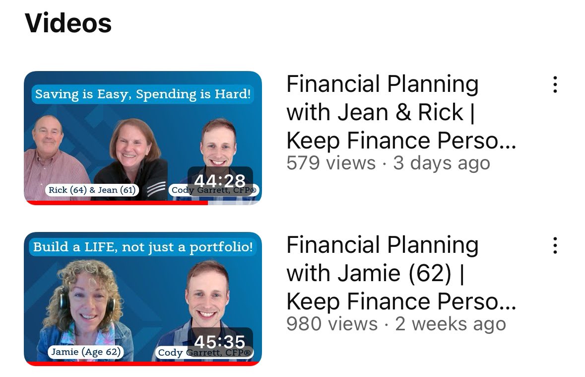 Watch REAL financial planning meetings! You can watch my entire financial planning process (with actual clients) on the new Measure Twice Money YouTube series: youtube.com/@measuretwicem… This coming week, you'll get to meet Cheryl (65) and John (74) - one of the sweetest couples