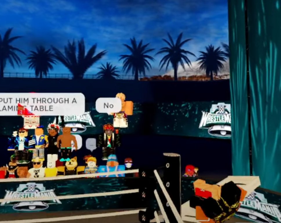 GloriousOne_WXR's tweet photo. He brought goons, I brought mine. Thank you everyone for this GLORIOUS Wrestlemania, and thank you to Chad Gable for being helpful and someone I will not mention. 
The Glorious reign continues!!!

@WWEOnRoblox https://t.co/lH7VznuJ6l