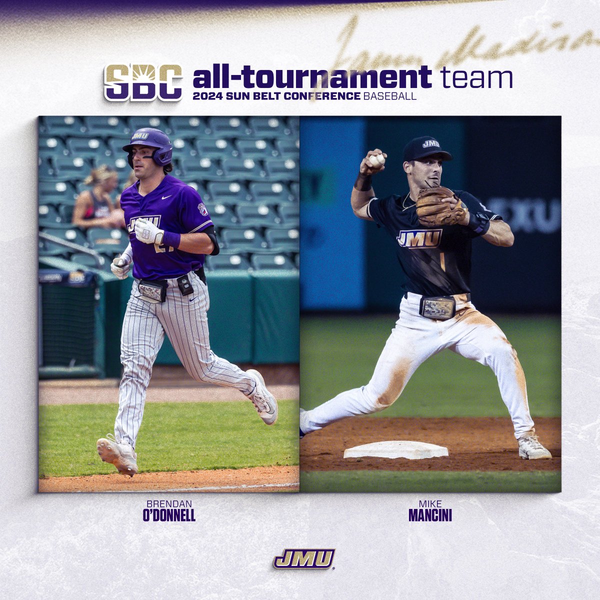 Two of the best this past week in Montgomery!

@od25_ and @ManciniMike5 have been named to the Sun Belt All-Tournament Team 🏅

#GoDukes
