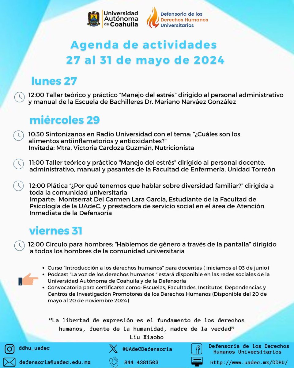 UAdeCDefensoria's tweet photo. Te compartimos nuestra agenda de actividades del 27 al 31 de mayo, no te pierdas ninguna de nuestras actividades.
Inscripciones en: defensoria@uadec.edu.mx
Oficina: (844) 4381503
WhatsApp línea 24/7: 8442127135
#UAdeC #DefensoríaUAdeC #ZonaDDHH #DerechosParaTodasLasPersonas https://t.co/7iBTdhVutv