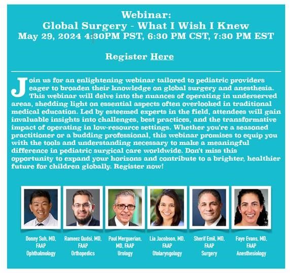 Sherif Emil MD,CM (@drsherifemil) on Twitter photo Join us this Wednesday for this <a href="/AmerAcadPeds/">American Academy of Pediatrics</a> Surgical Subspecialty Alliance webinar on global health for any surgeons or pediatricians who are seeking to become involved in global health opportunities.
Register here for free:
aap.webex.com/webappng/sites… Join us this Wednesday for this <a href="/AmerAcadPeds/">American Academy of Pediatrics</a> Surgical Subspecialty Alliance webinar on global health for any surgeons or pediatricians who are seeking to become involved in global health opportunities.
Register here for free:
aap.webex.com/webappng/sites…