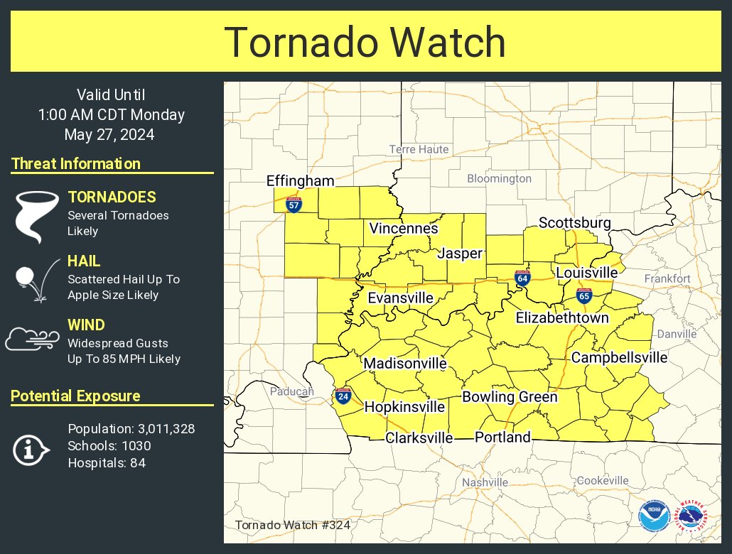 A tornado watch has been issued for parts of Illinois, Indiana and Kentucky until 1 AM CDT