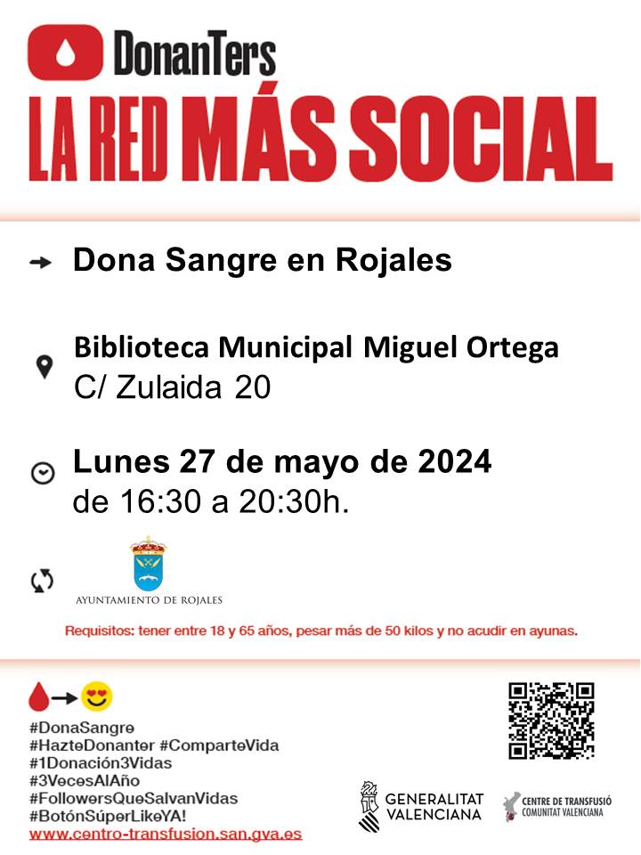 📌💉¡¡ATENTOS!! Donación de #sangre en la #VegaBaja. La sangra no se fabrica. Hay que inculcar a los más jóvenes la importancia del acto más generoso de donar sangre. Acercaos hoy a #Rojales.
📰Más detalles, pinchad 👉todoculturavegabaja.es/eventos/rojale…
@GVAsanitat @GVAdonasang @AytoRojales